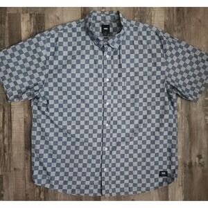 Vans Button Up Shirt Mens Large Blue Grey Checkerboard Loose Fit Short Sleeve